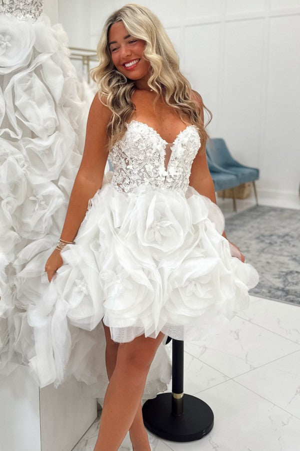 Short Lace A Line Wedding Dress with 3D Rosette Skirt