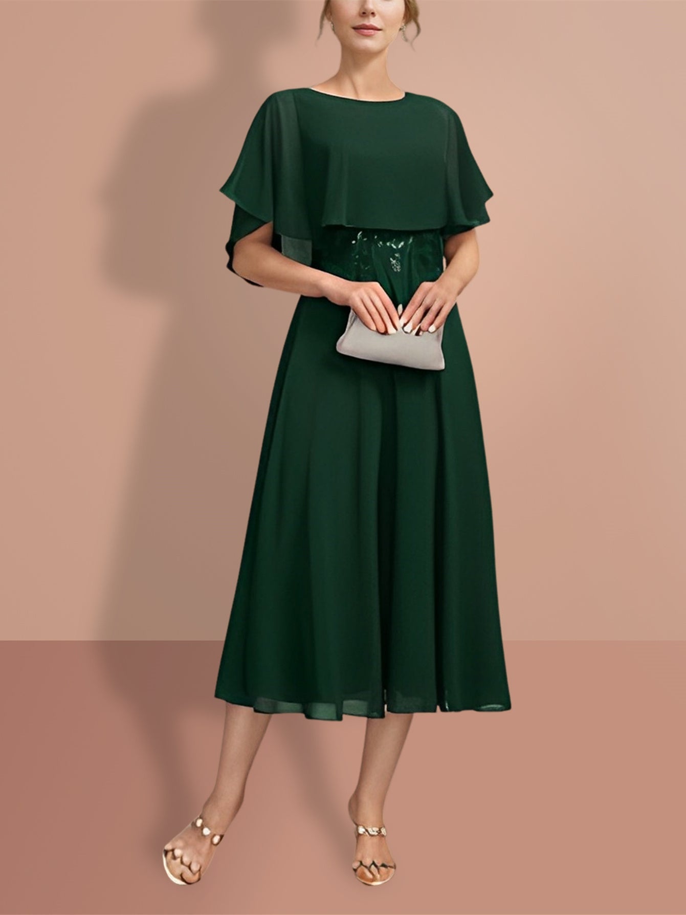 Short-Sleeve A-Line Princess Gown with Jewel Neckline for the Mother of the Bride