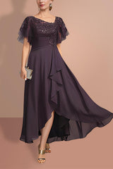 Short-Sleeve A-Line Princess Mother of the Bride Dress with Asymmetrical Design