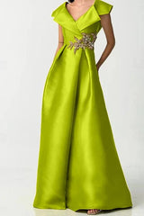 Short Sleeve V-Neck Satin A-Line Dress with Rhinestones for the Mother of the Bride