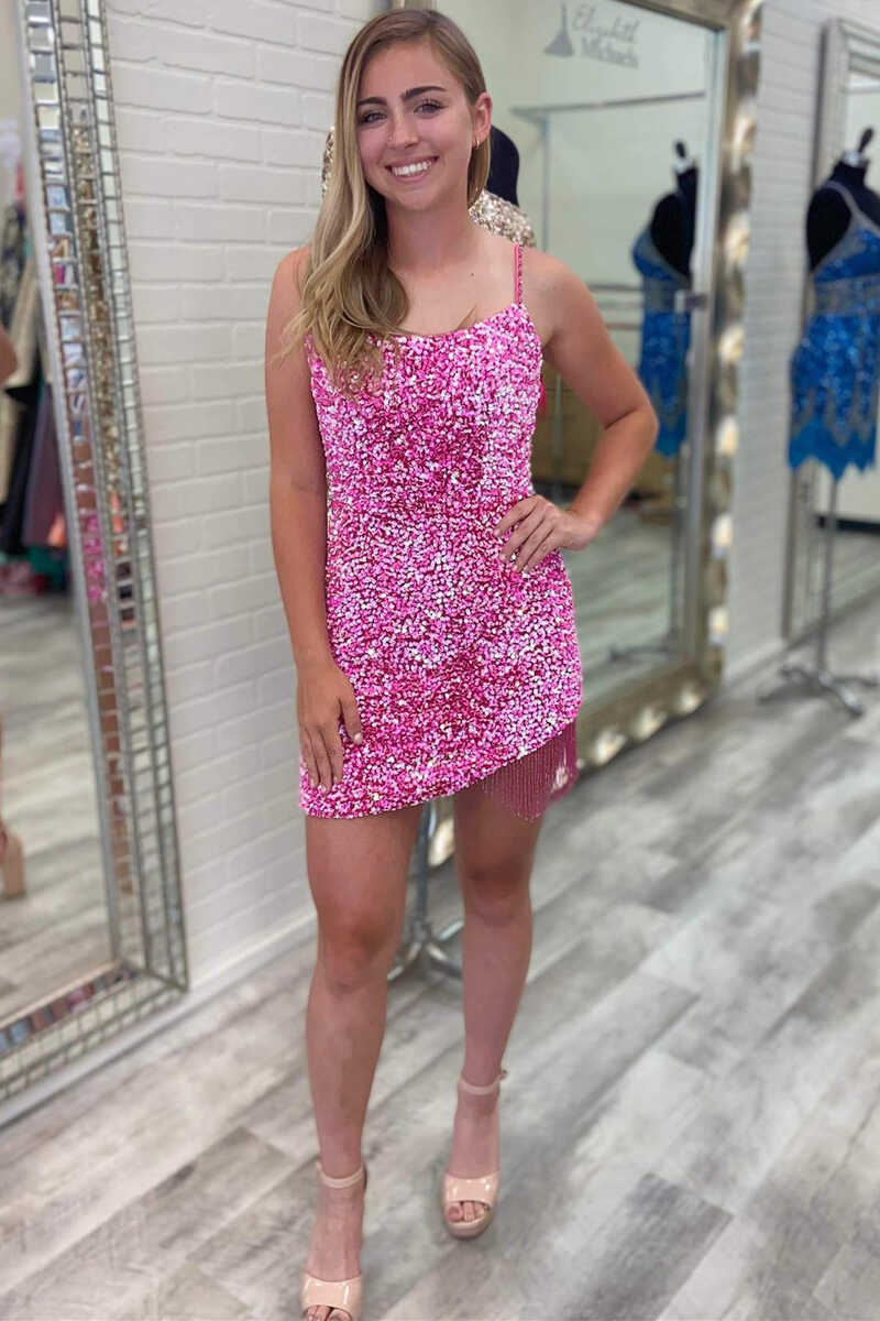 Sibyl Homecoming Dress Pretty Bodycon Shoulder straps Sequin with Tassel Short Party Cocktail Dress