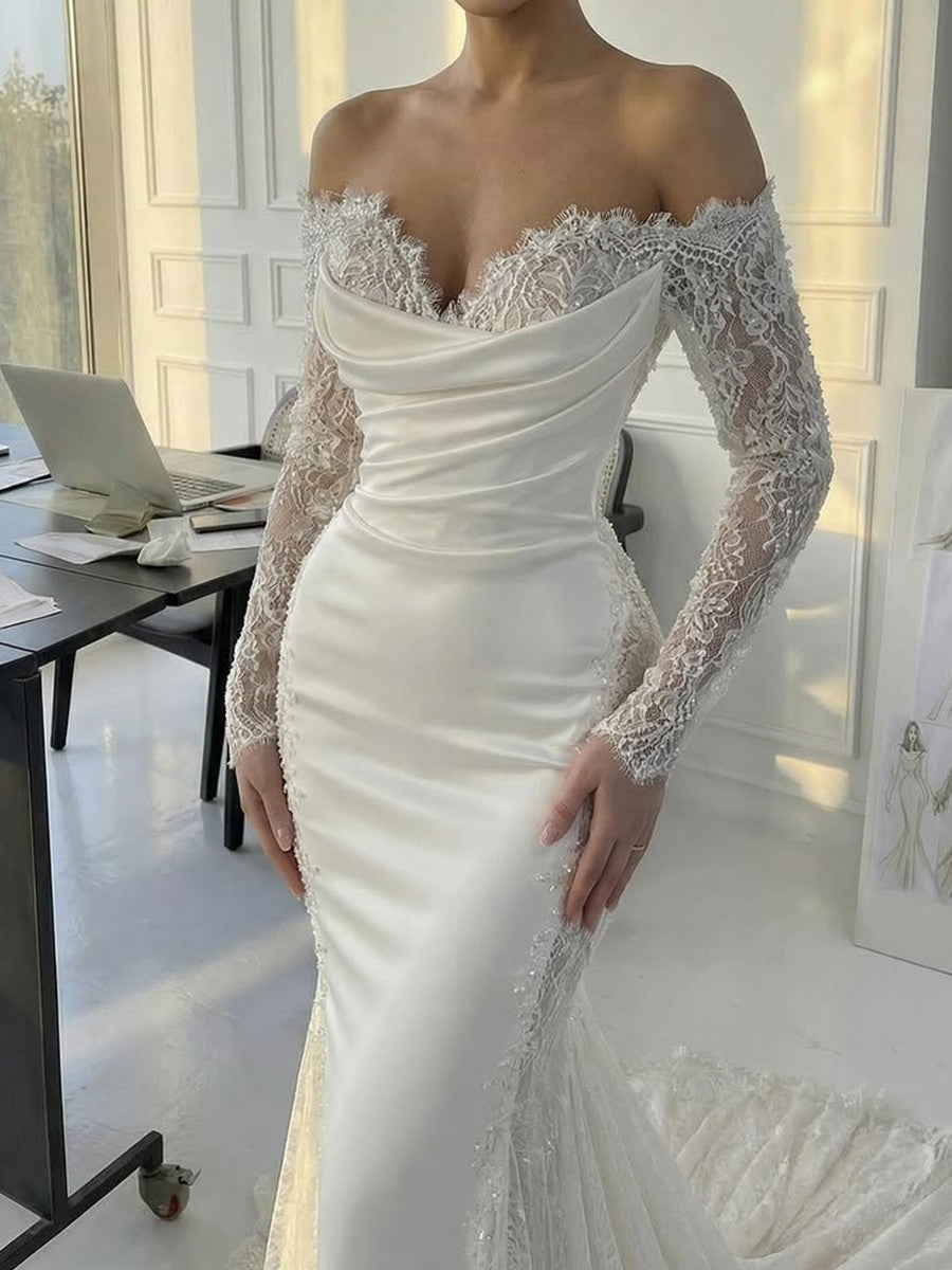Silk-Like Satin Mermaid Wedding Dress with Off-the-Shoulder Long Sleeves and Court Train