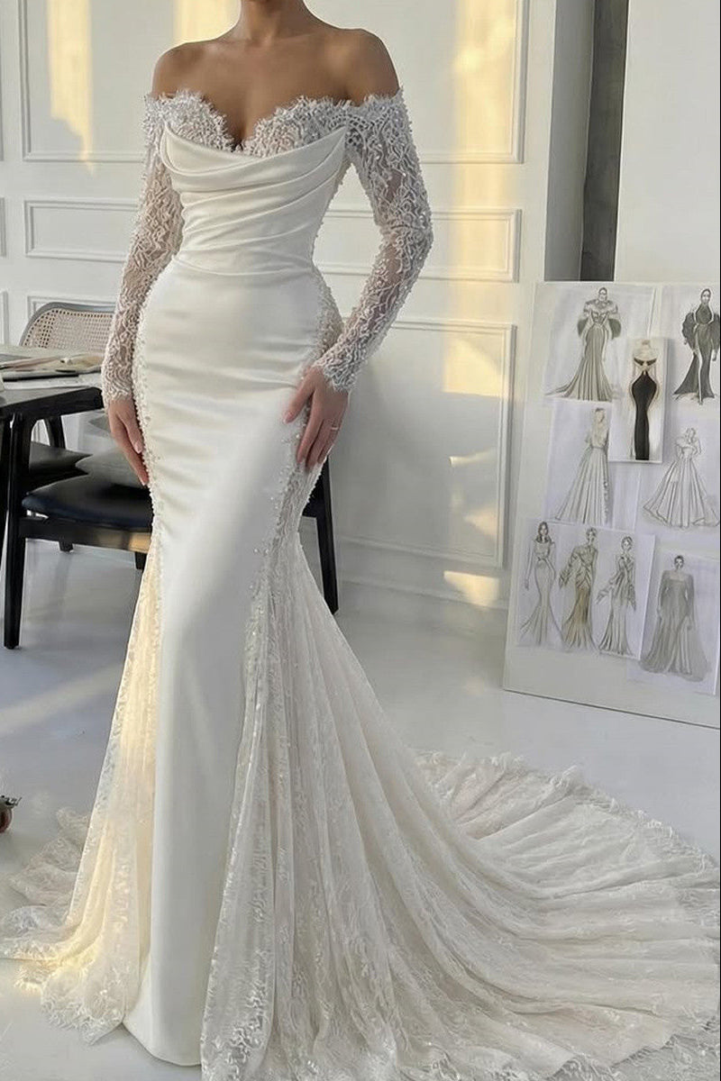 Silk-Like Satin Mermaid Wedding Dress with Off-the-Shoulder Long Sleeves and Court Train