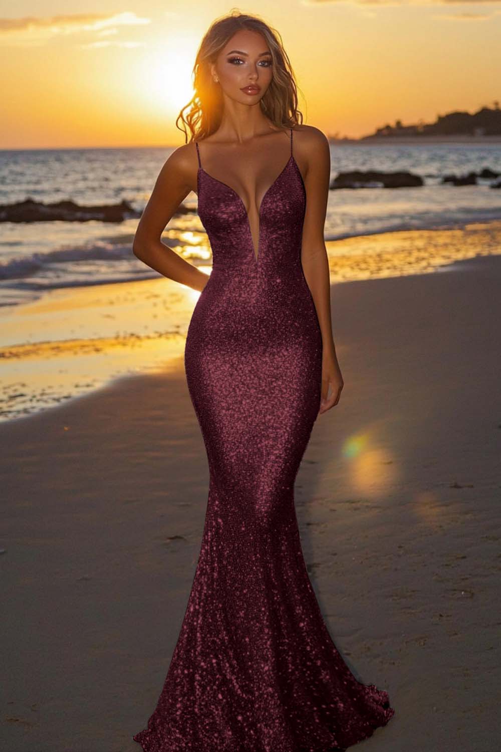 Dressystars Silver Glitter Mermaid Backless Long Prom Dress With Deep V Neck Formal Evening Gown