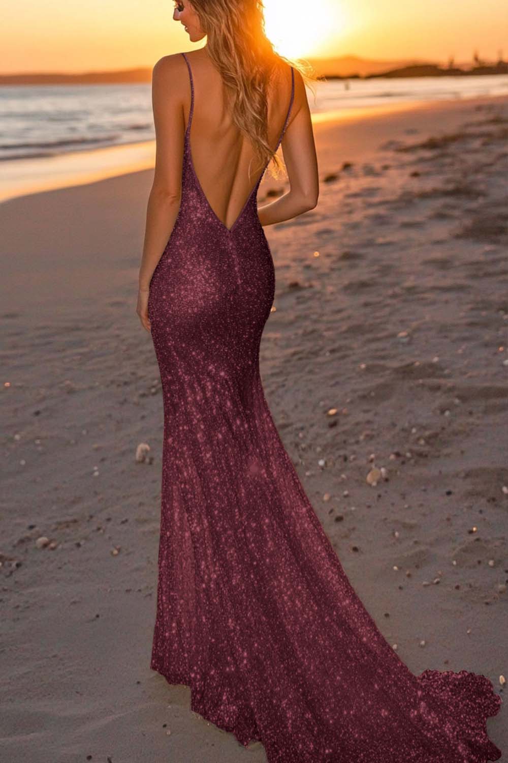 Dressystars Silver Glitter Mermaid Backless Long Prom Dress With Deep V Neck Formal Evening Gown