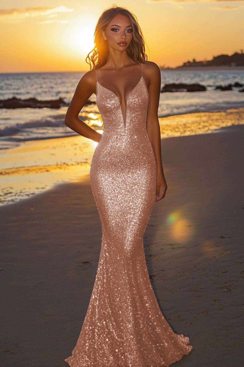 Dressystars Silver Glitter Mermaid Backless Long Prom Dress With Deep V Neck Formal Evening Gown