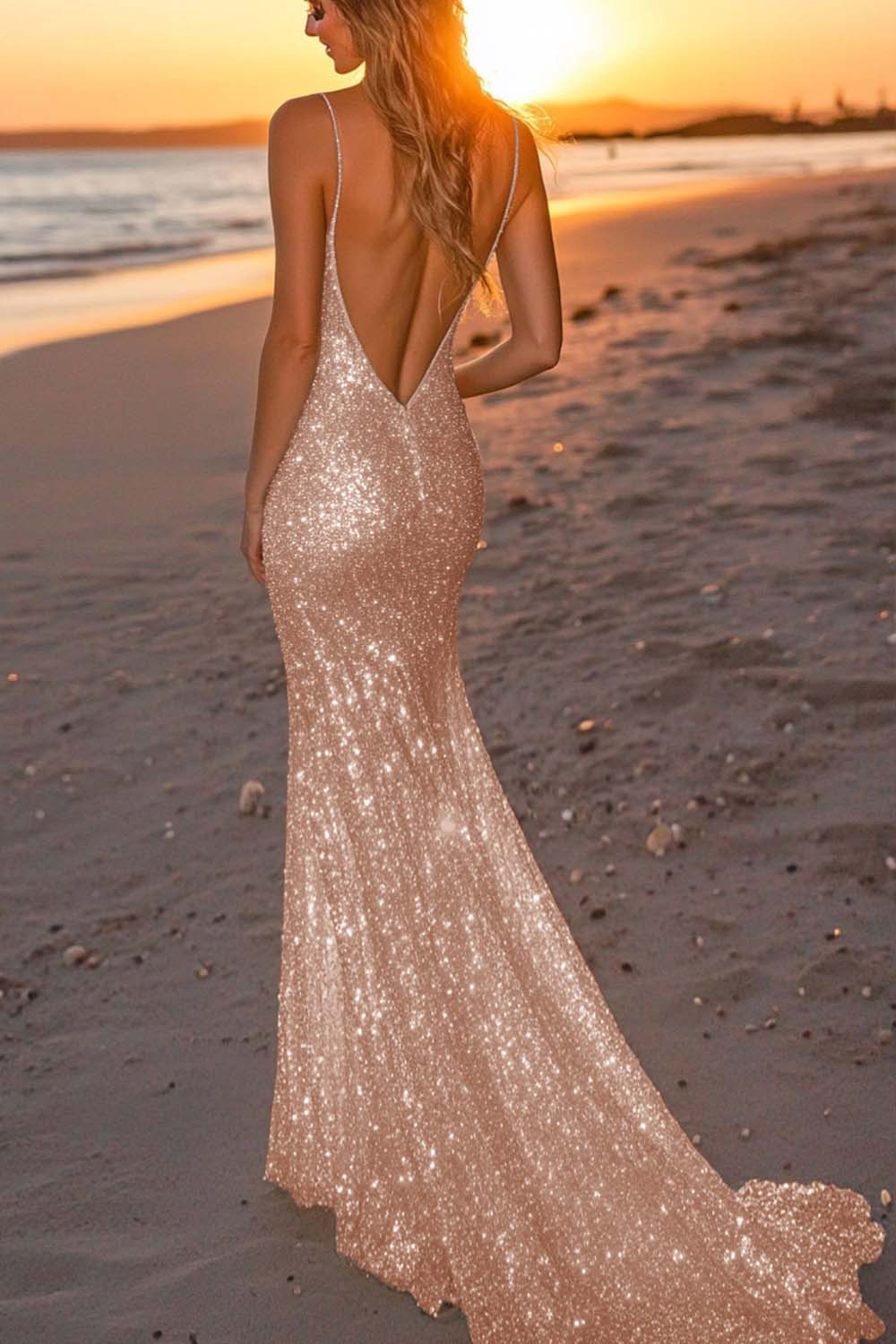 Dressystars Silver Glitter Mermaid Backless Long Prom Dress With Deep V Neck Formal Evening Gown