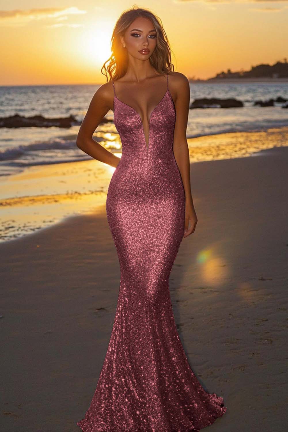 Dressystars Silver Glitter Mermaid Backless Long Prom Dress With Deep V Neck Formal Evening Gown