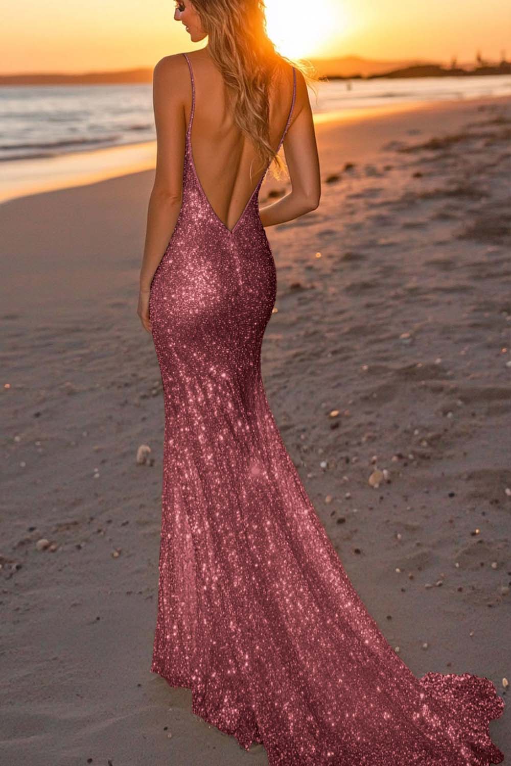 Dressystars Silver Glitter Mermaid Backless Long Prom Dress With Deep V Neck Formal Evening Gown