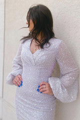 Silver Homecoming Dresses Long Sleeves Sequin Tight Short Cocktail Dresses