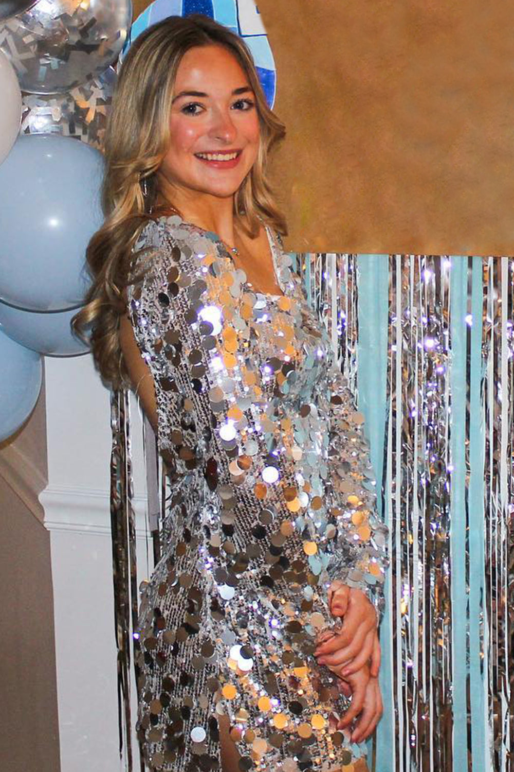 Silver Homecoming Dresses Long Sleeves Short Cocktail Dresses