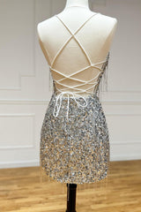 Silver Homecoming Dresses Sequin Fringed Tight Short Cocktail Dresses
