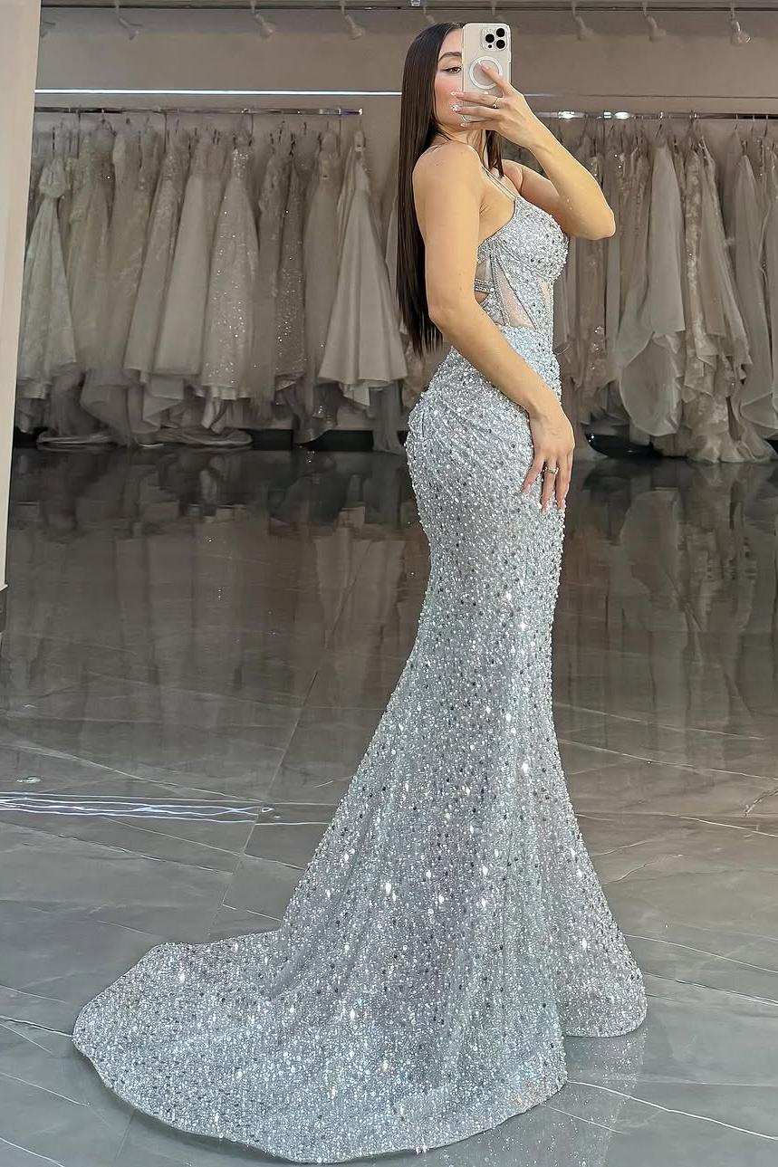 Silver Mermaid Prom Dress Sleeveless Spaghetti Straps Formal Dress With Sequins