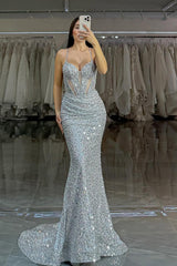 Silver Mermaid Prom Dress Sleeveless Spaghetti Straps Formal Dress With Sequins