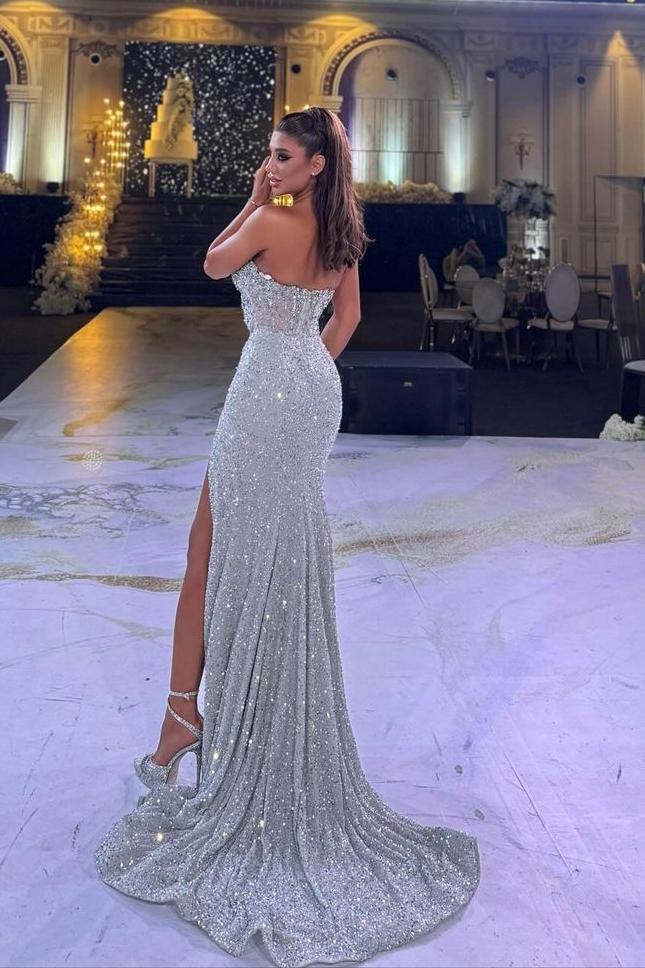Silver Mermaid Prom Dress Sleeveless Sweetheart Formal Dress With Sequins