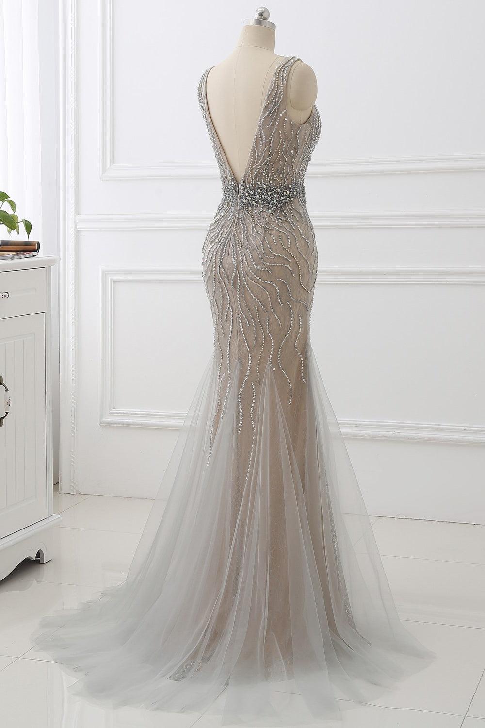 Silver Mermaid Prom Dress Sleeveless V Neck Formal Dress With Beadings and Rhinestones