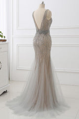 Silver Mermaid Prom Dress Sleeveless V Neck Formal Dress With Beadings and Rhinestones