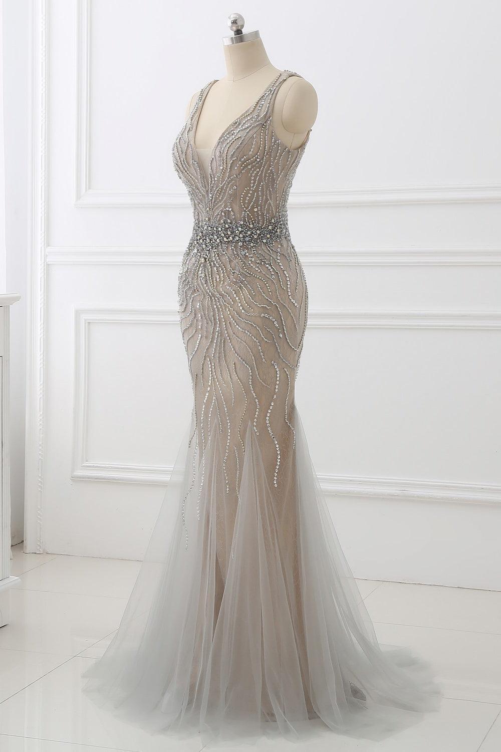 Silver Mermaid Prom Dress Sleeveless V Neck Formal Dress With Beadings and Rhinestones