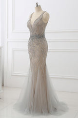 Silver Mermaid Prom Dress Sleeveless V Neck Formal Dress With Beadings and Rhinestones