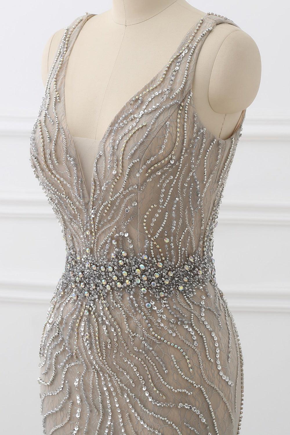 Silver Mermaid Prom Dress Sleeveless V Neck Formal Dress With Beadings and Rhinestones