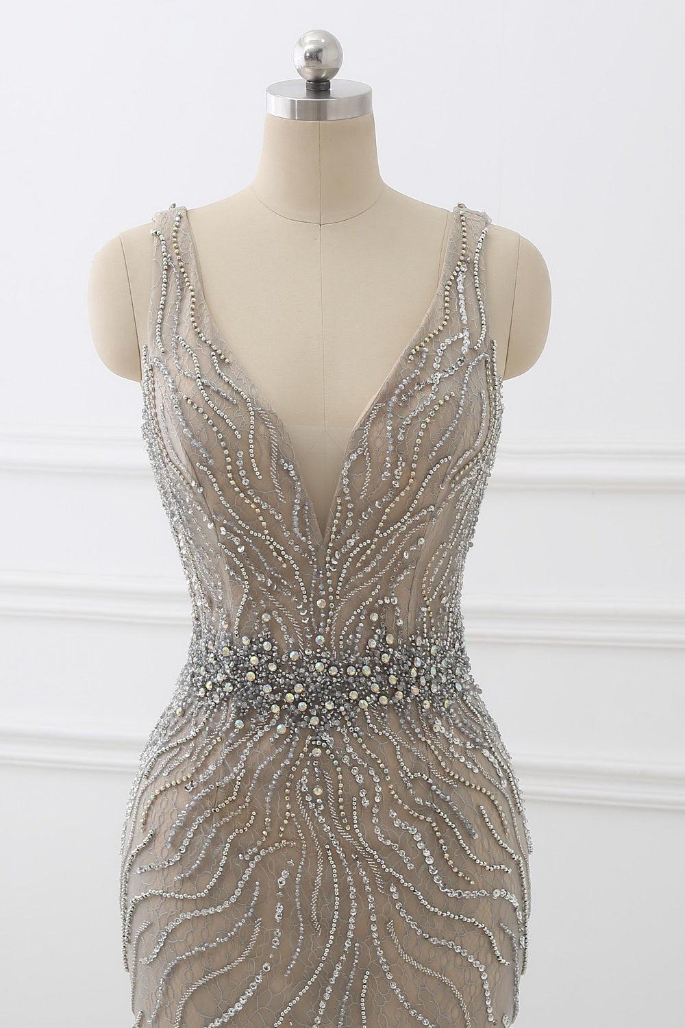 Silver Mermaid Prom Dress Sleeveless V Neck Formal Dress With Beadings and Rhinestones