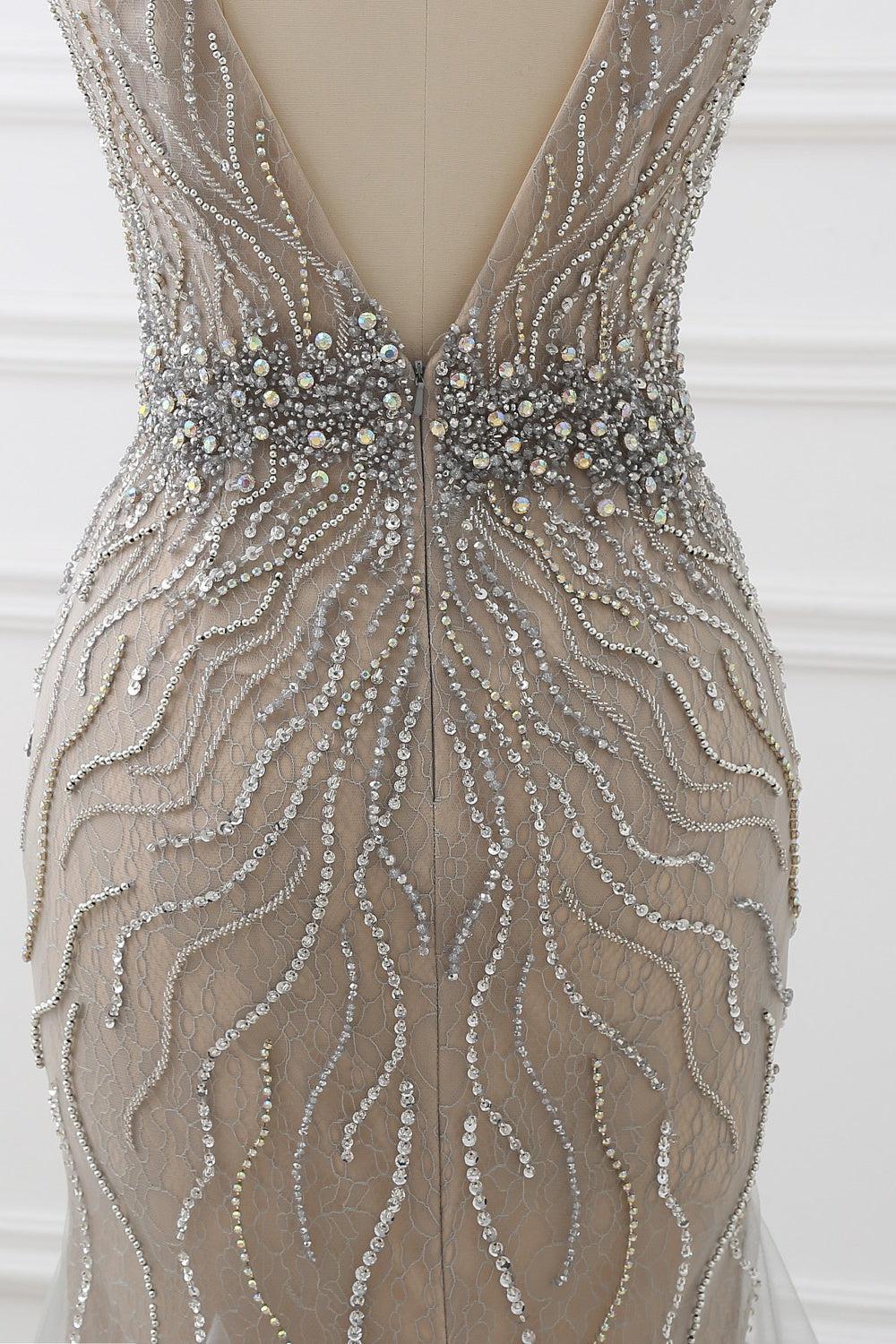 Silver Mermaid Prom Dress Sleeveless V Neck Formal Dress With Beadings and Rhinestones