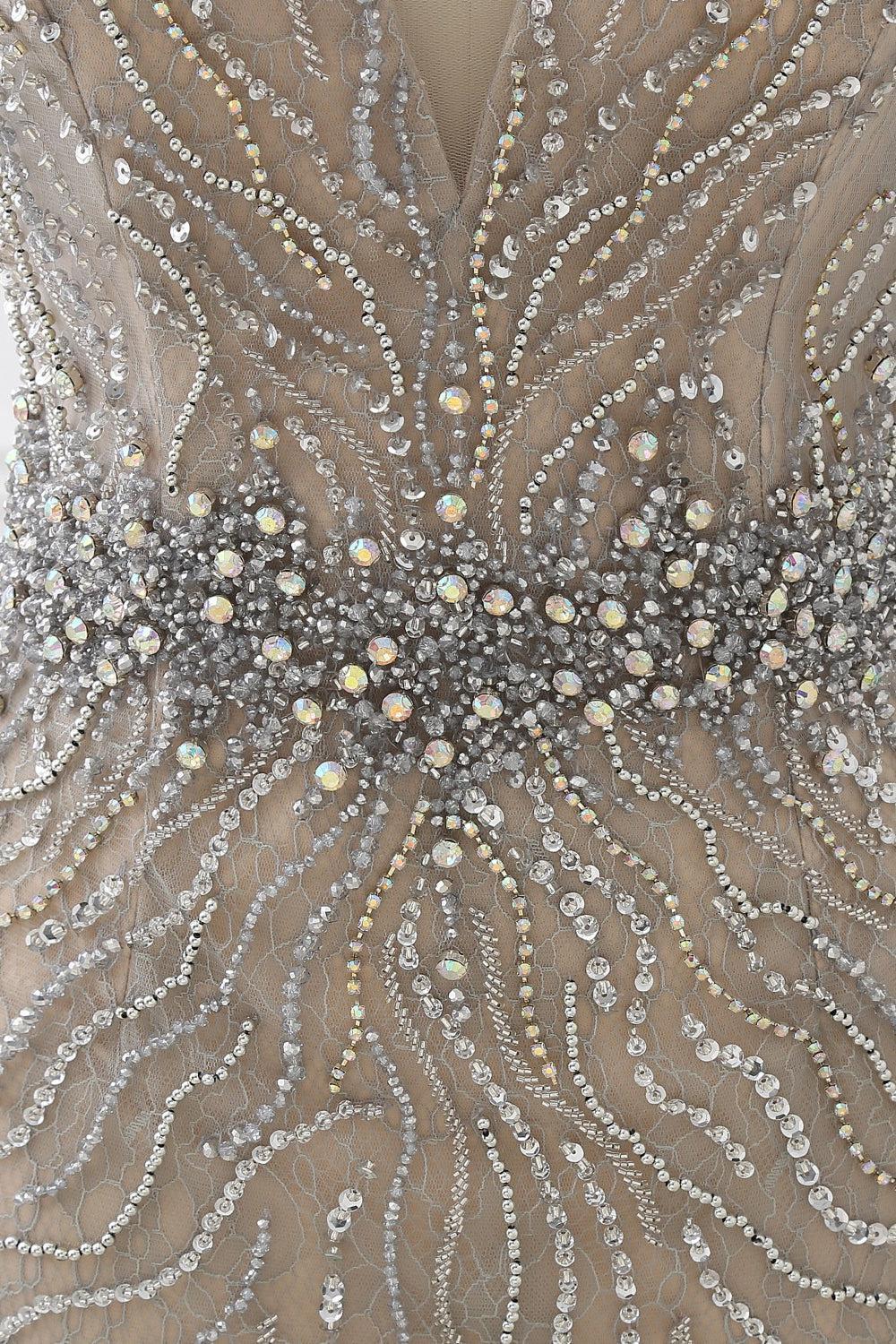 Silver Mermaid Prom Dress Sleeveless V Neck Formal Dress With Beadings and Rhinestones