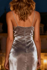 Dressystars Silver Mermaid Spaghetti Straps Long Velvet Holiday Party Dress With Slit