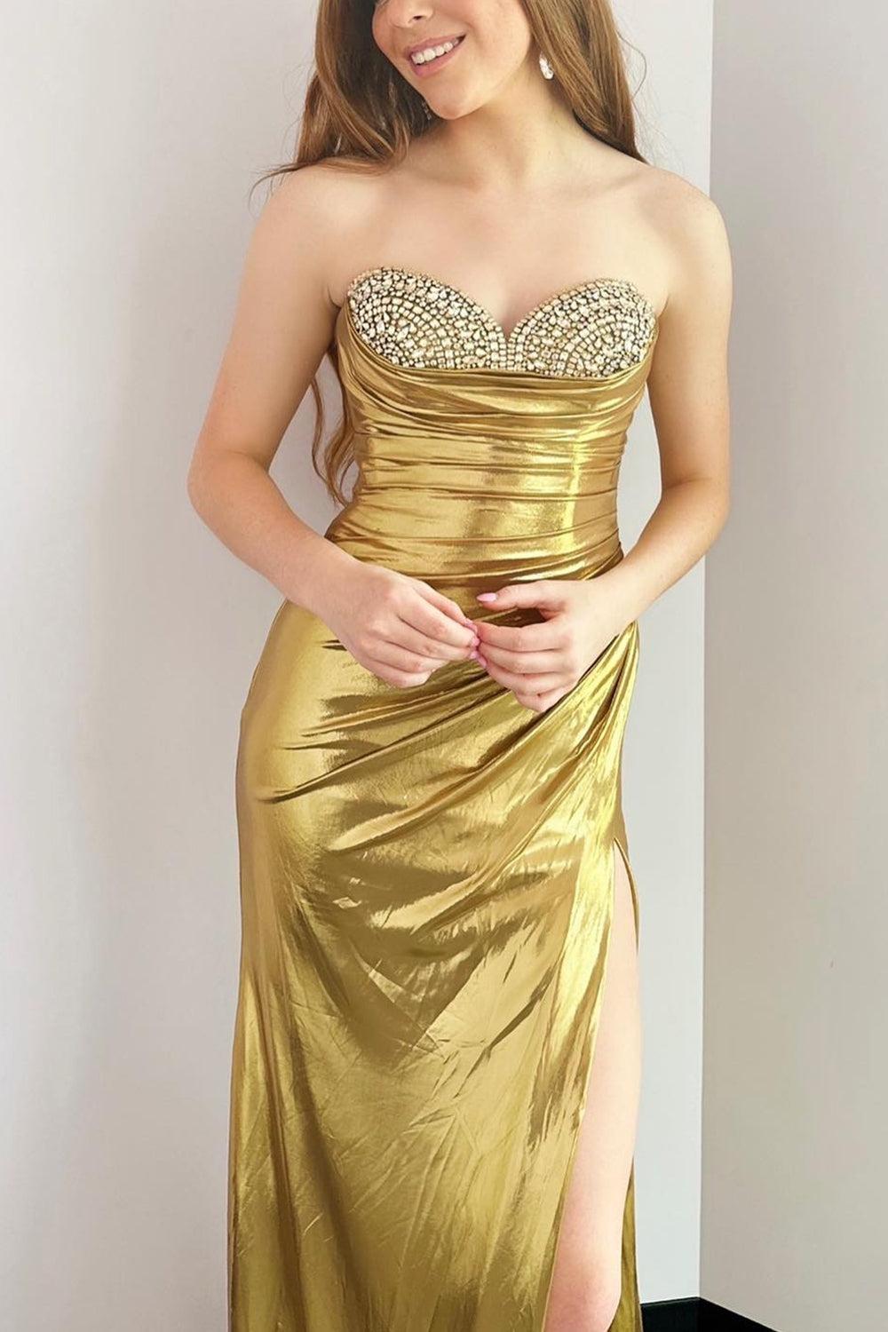 Silver Prom Dress Beaded Metallic Long Prom Dres with Slit