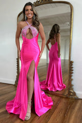 Silver Prom Dress Halter Mermaid Hollow Out Long Evening Dress with Slit