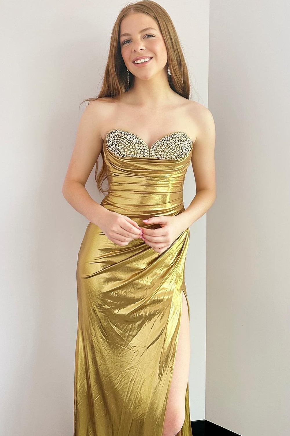 Silver Prom Dress Mermaid Beaded Metallic Long Evening Dress with Slit