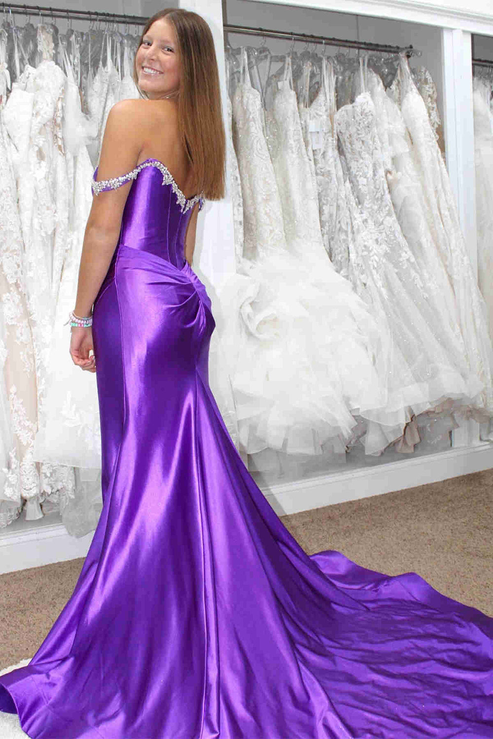 Silver Prom Dress Off The Shoulder Mermaid Satin Long Evening Dress with Slit