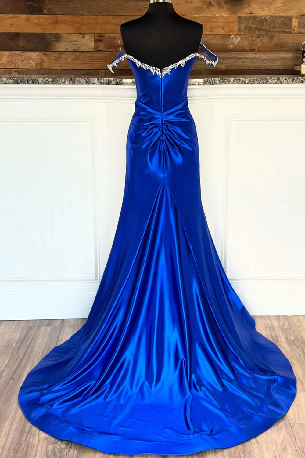 Silver Prom Dress Off The Shoulder Mermaid Satin Long Evening Dress with Slit