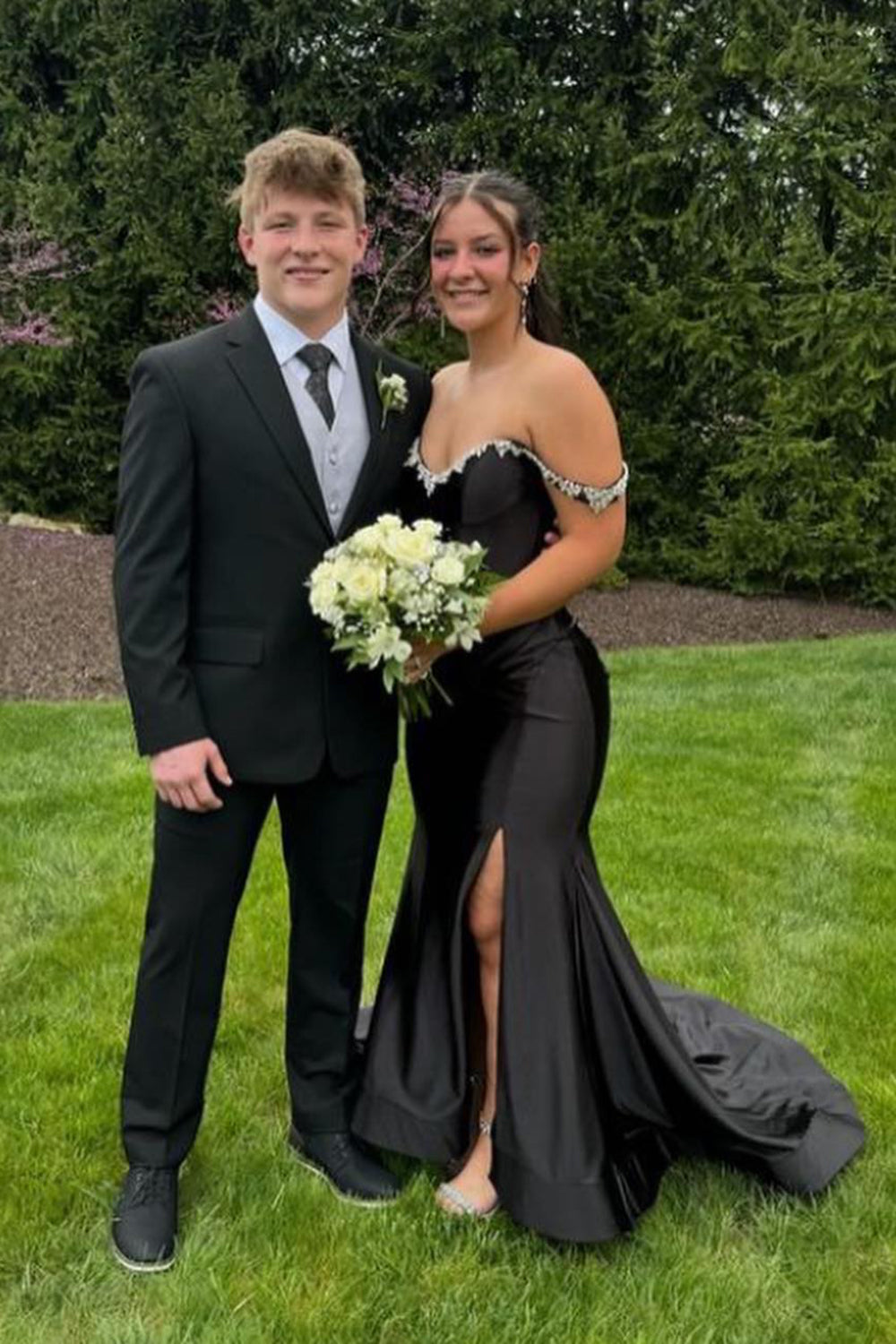 Silver Prom Dress Off The Shoulder Mermaid Satin Long Evening Dress with Slit