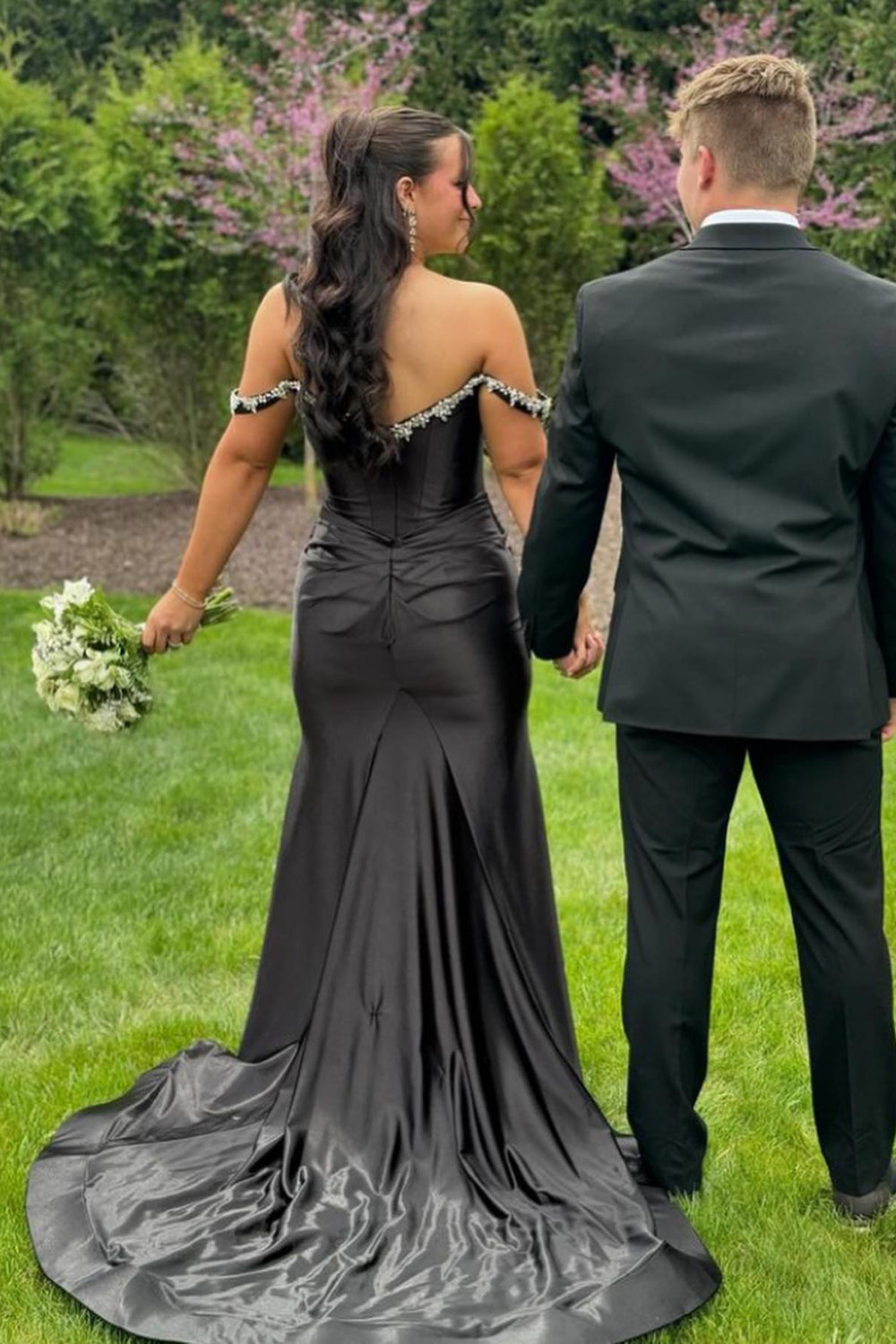 Silver Prom Dress Off The Shoulder Mermaid Satin Long Evening Dress with Slit