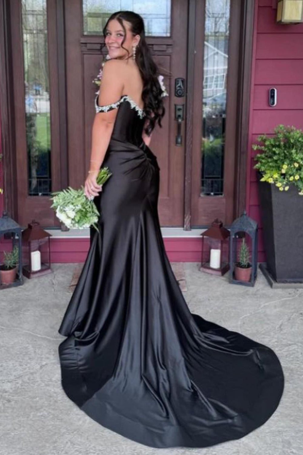 Silver Prom Dress Off The Shoulder Mermaid Satin Long Evening Dress with Slit