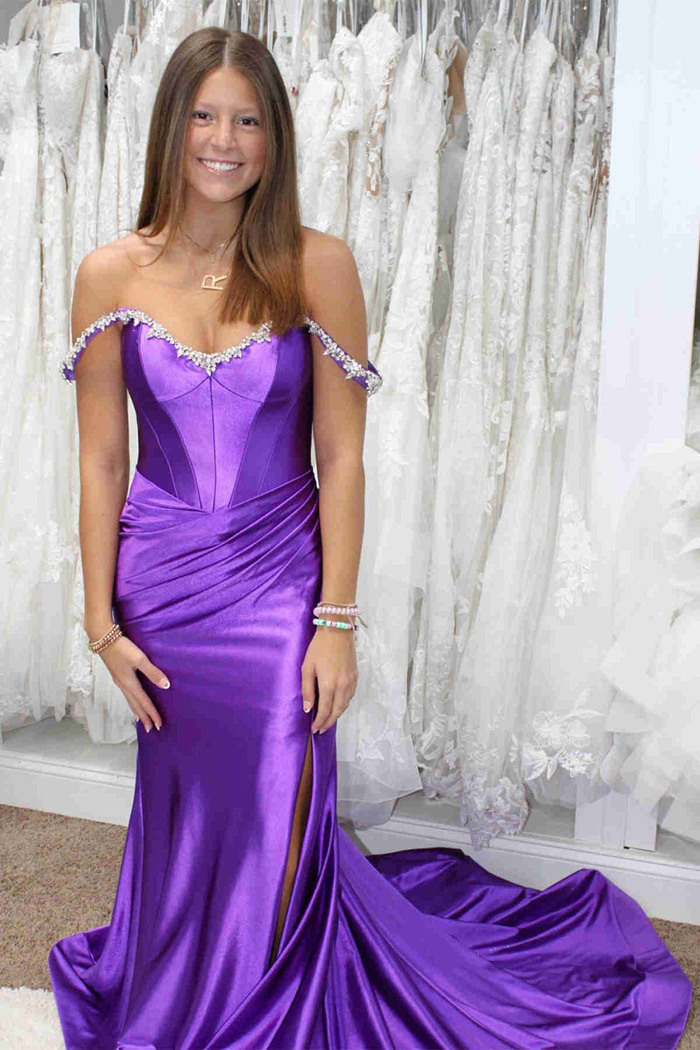 Silver Prom Dress Off The Shoulder Mermaid Satin Long Evening Dress with Slit