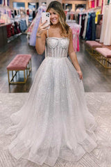 Silver Prom Dress Sequin Princess Straps A Line Prom Gown Evening Dress