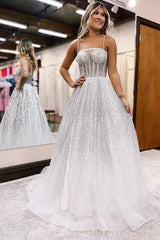 Silver Prom Dress Sequin Princess Straps A Line Prom Gown Evening Dress