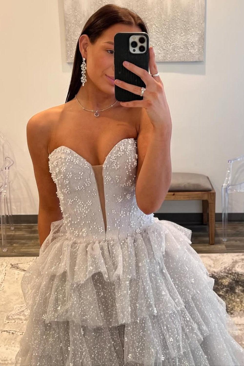 Dressystars Silver Sparkling A-Line Sweetheart Ruffle Layer Prom Ball Gown Formal Evening Gown