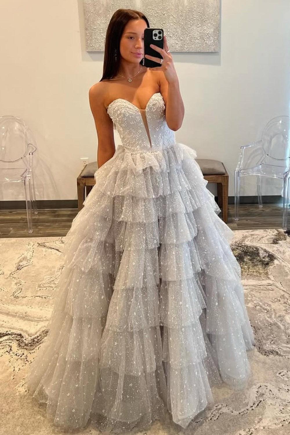 Dressystars Silver Sparkling A-Line Sweetheart Ruffle Layer Prom Ball Gown Formal Evening Gown