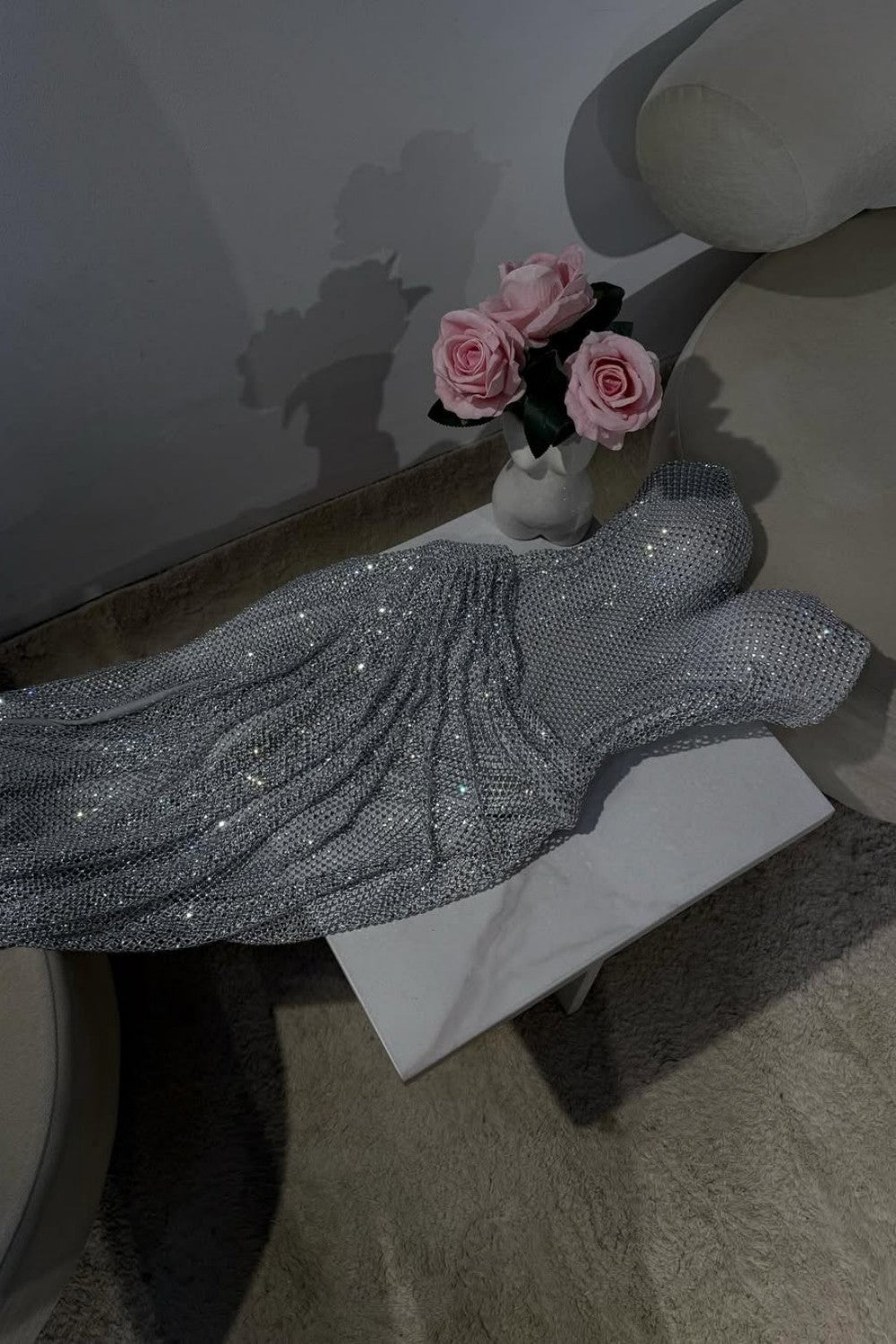 Silver Strapless Sequin Mermaid Prom Dress With High Slit And Draped Detail Formal Evening Gown