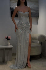 Silver Strapless Sequin Mermaid Prom Dress With High Slit And Draped Detail Formal Evening Gown