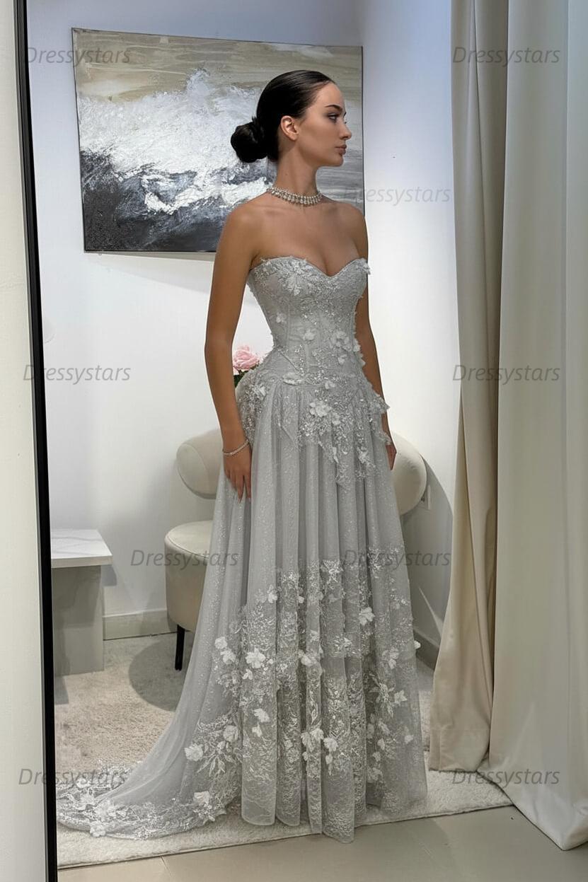 Yellow Lace A Line Prom Dress Sweetheart Lace Appliqued Formal Dress with 3D Flowers