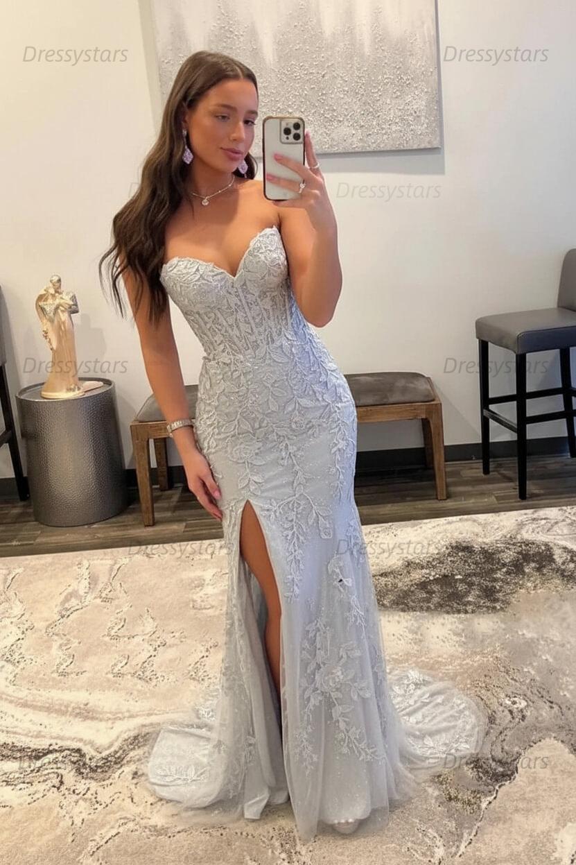 Black Prom Dress Corset Sweetheart Long Lace Mermaid Evening Dress with Slit