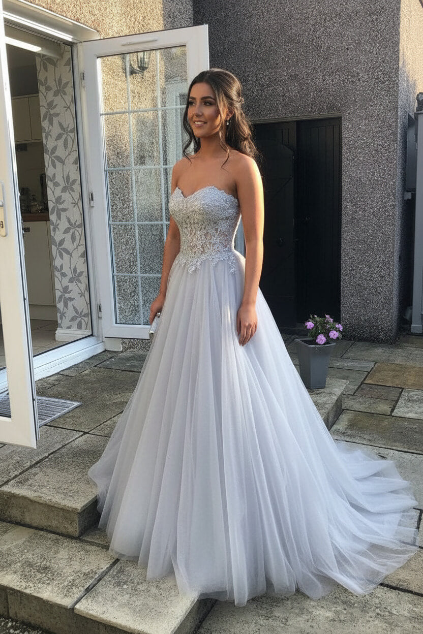 A Line Prom Dress Sweetheart Neck Tulle Lace Long Pink Formal Gown Evening Dress