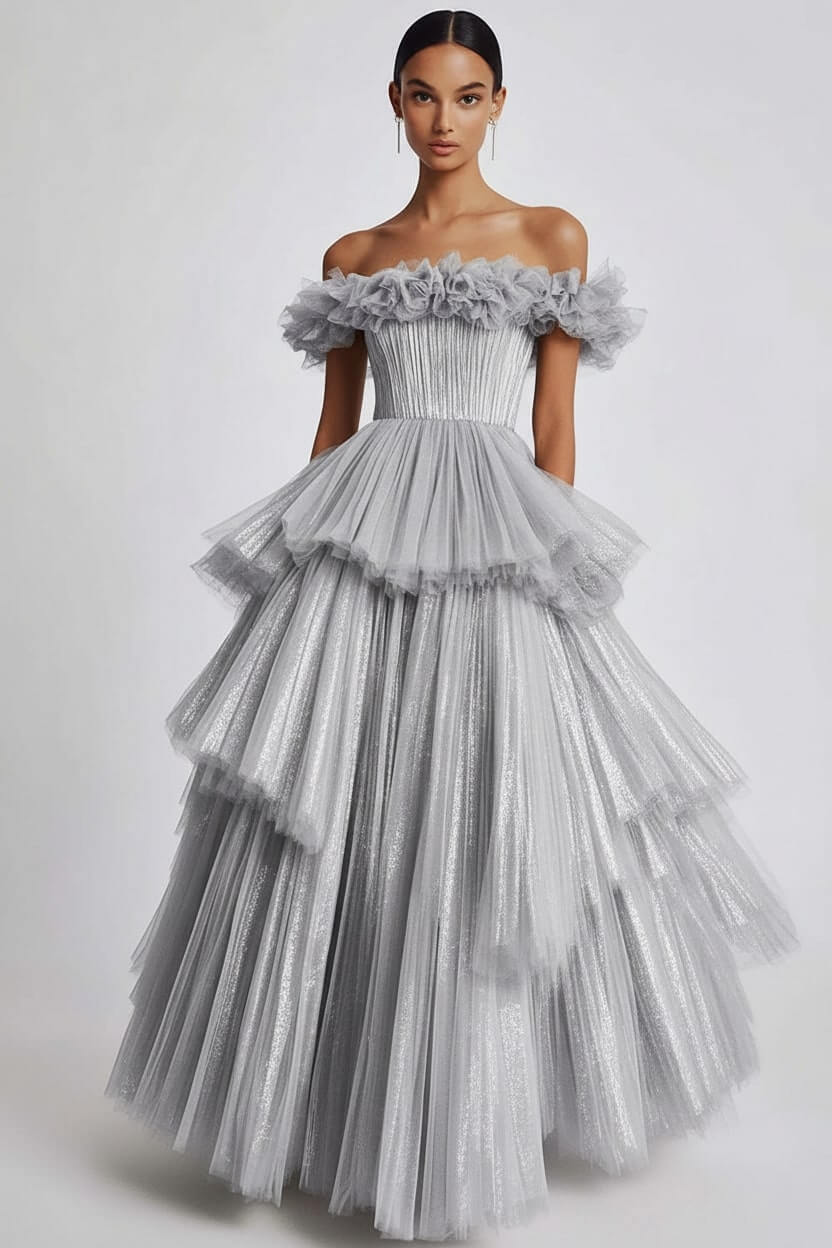Dusty Sage Formal Dress Tulle Off The Shoulder Ball Gown Wedding Guest Dress With Ruffles