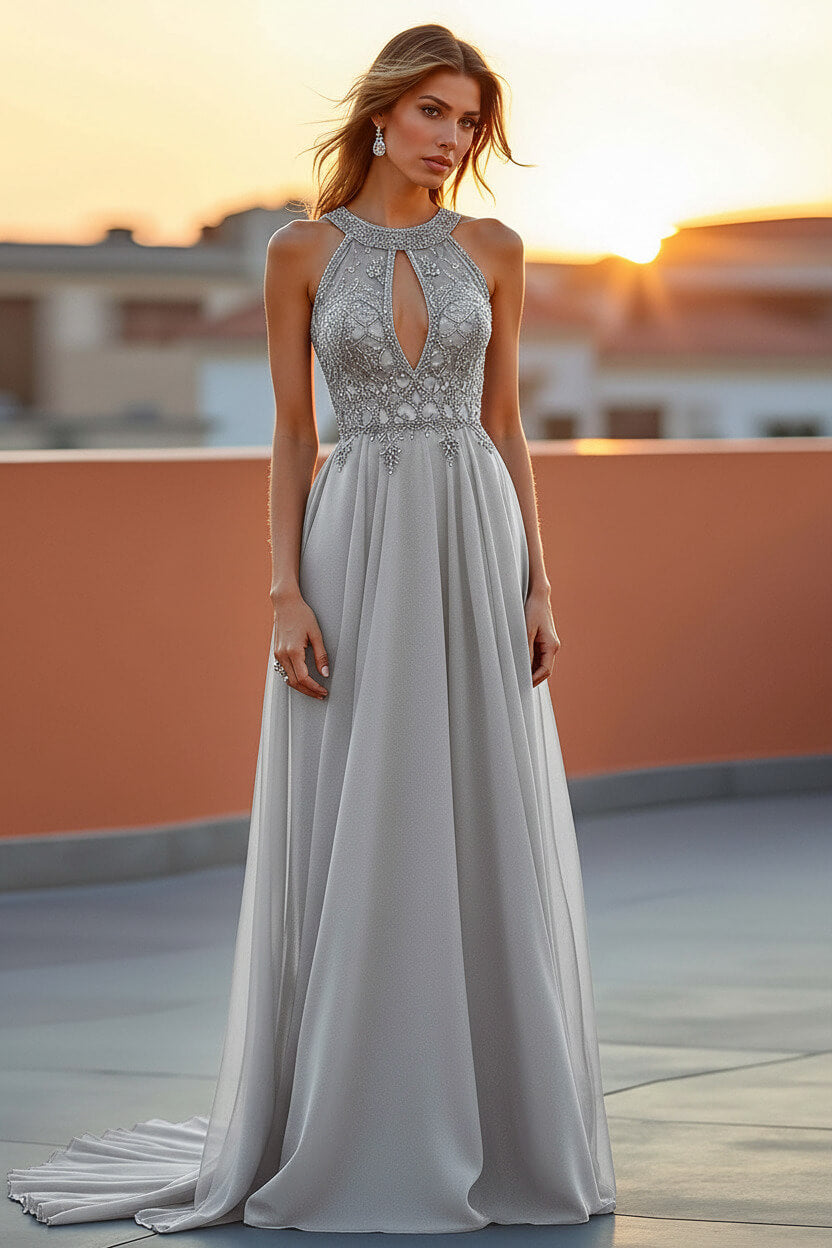 Dressystars Beaded Navy Wedding Guest Dress Halter Long Formal Dress With Embroideries