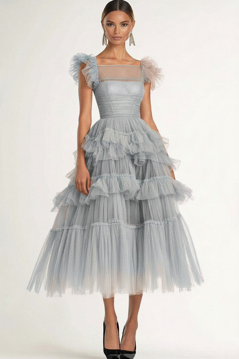 Dressystars Tea Length Black Wedding Guest Dress A-Line Flatter Sleeves Tulle Formal Dress With Ruffles