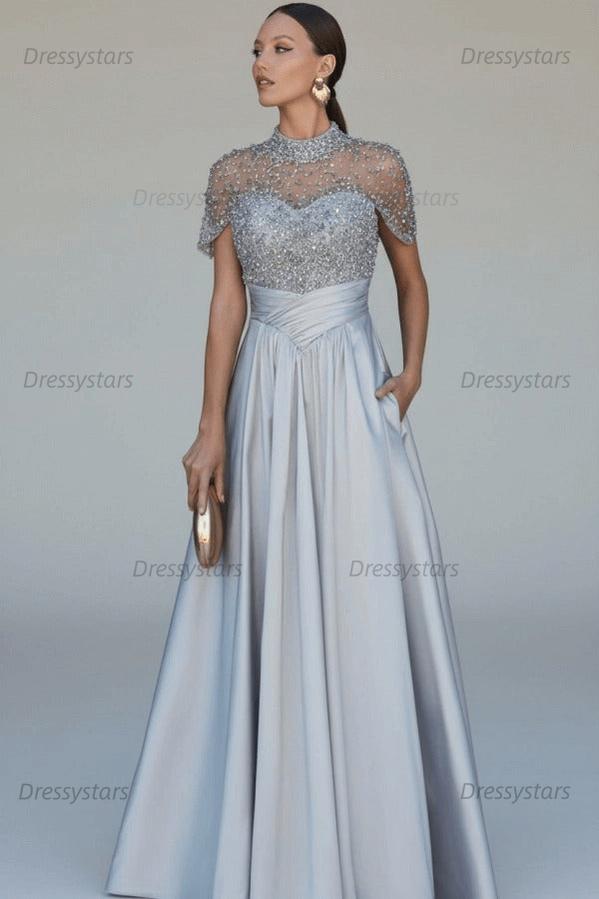 Green A Line Prom Dress Short Sleeve High Neck Formal Dress With Beadings and Rhinestones